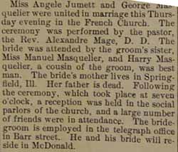 Marriage Notice for George MASQUELIER to Angele Jumett, no date, in 6-5-1914 paper