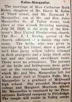 Marriage Notice for Raymond P. MASQUELIER to Catharine Ruth Kelso, 10 Jul 1926