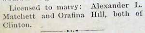 Marriage Notice for Alexander L. MATCHETT and Orafina HILL, license to marry 1892