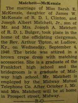 Marriage notice for Joseph Albert MATCHETT, Jr. to Sarah E. McKenzie, 4 Sep 1940