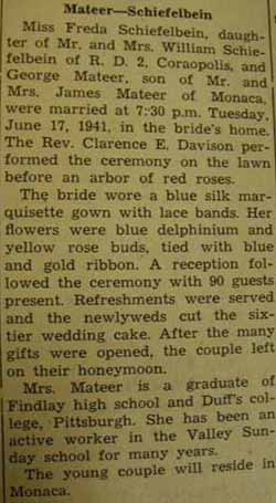Marriage notice for George MATEER to Freda Schiefelbein, 17 Jun 1941