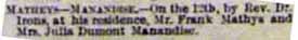 Marriage Notice for Frank MATHYS to Mrs. Julia Dumont Manandise, 12 Jul 1897
