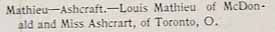 Marriage Notice for Louis MATHIEU to Miss Ashcraft, no date, in 3-9-1901 paper