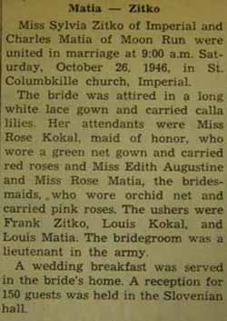 Marriage Notice for Charles MATIA to Sylvia Zitko, 26 Oct 1946