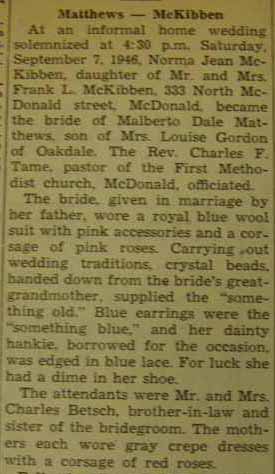 Part 1 Marriage Notice for Malberto Dale MATTHEWS to Norma Jean McKibben, 7 Sep 1946