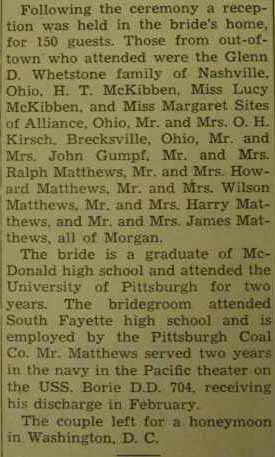 Part 2 Marriage Notice for Malberto Dale MATTHEWS to Norma Jean McKibben, 7 Sep 1946