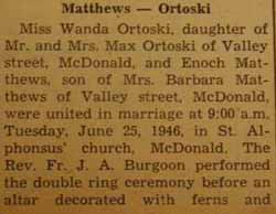Part 1 Marriage Notice for Enoch MATTHEWS to Wanda Ortoski, 25 Jun 1946