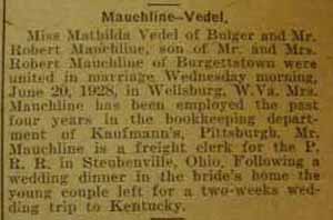 Marriage notice for 
Robert MAUCHLINE to Mathilda Vedel, 20 Jun 1928