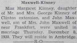 Marriage Notice for John MAXWELL to Margaret Kinney, 8 Dec 1938