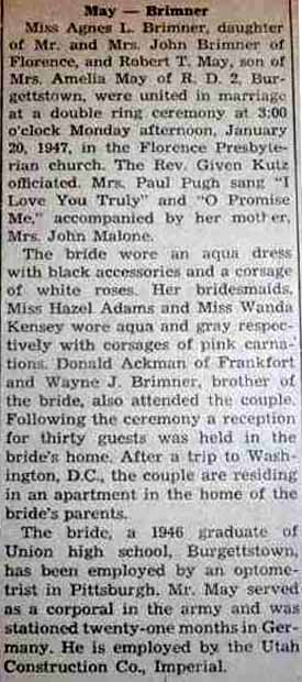 Marriage Notice for Robert T. MAY to Agnes L. Brimner, 20 Jan 1947