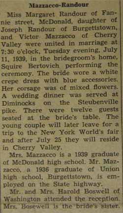 Marriage Notice for Victor MAZZACCO to Margaret Randour, 11 Jul 1939