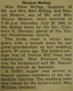 Marriage notice for 
Harold MEANOR to Edna Boling, 20 July 1940