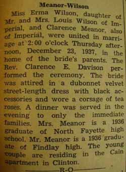 Marriage Notice for Clarence MEANOR 
        to Erma Wilson, Dec. 23, 1937