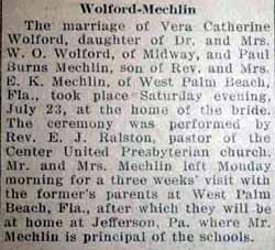 Marriage Notice for Paul Burns MECHLIN to Vera Catherine Wolford, 23 Jul 1927