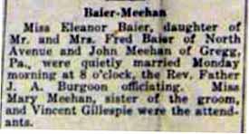 Marriage Notice for Francis Patrick MEEHAN to Bernadette Susan Baier, 30 Aug 1922
