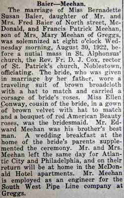 Marriage Notice for Francis Patrick MEEHAN to Bernadette Susan Baier, 30 Aug 1922