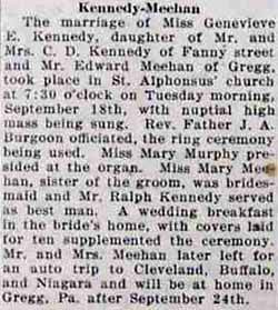 1st Article Marriage Notice for  Edward MEEHAN to Genevieve E. Kennedy, 18 Sep 1928