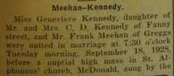 2nd article Part 1 Marriage Notice for Edward MEEHAN to Genevieve E. Kennedy, 18 Sep 1928