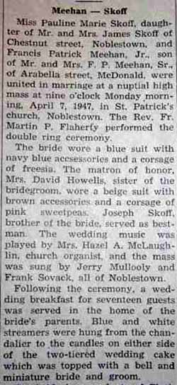 Part 1 Marriage Notice for Francis Patrick MEEHAN, Jr. to Pauline Marie Skoff, 7 Apr 1947