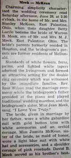Part 1 Marriage Notice for Warren B. MEEK to Betty Lucile McKean, 28 Jun 1947