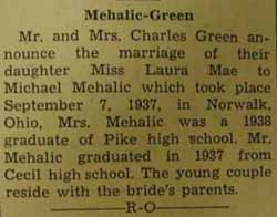 Marriage notice for 
Michael MEHALIC to Laura Mae Green, 7 Sep 1937