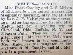 1st article Marriage Notice for C. V. MELVIN to Pearl Cassidy, 25 May 1921
