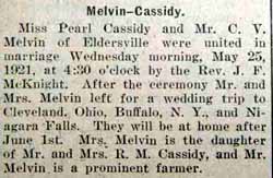 2nd article Marriage Notice for C. V. MELVIN to Pearl Cassidy, 25 May 1921