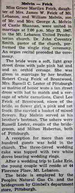 Marriage Notice for William MELVIN to Grace Marilyn Feick, 23 May 1947