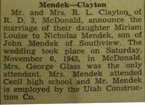 Marriage notice for 
Nicholas MENDEK to Miriam Louise Clayton, 6 Nov 1943