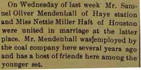 Marriage Notice for Samuel Oliver MENDENHALL to Nettie Miller Haft, no date, in 6-16-1905 paper