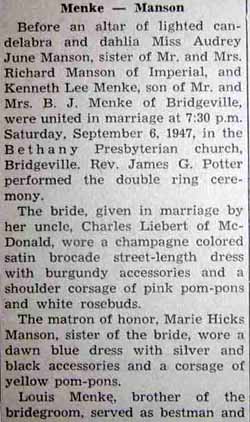 Part 1 Marriage Notice for Kenneth Lee MENKE to Audrey June Manson, 6 Sep 1947