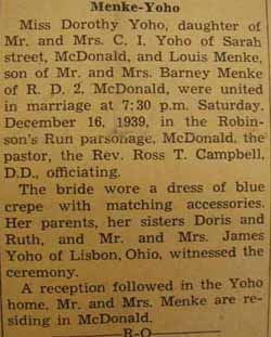 Marriage notice for 
Louis MENKE to Dorothy Yoho, 16 Dec 1939