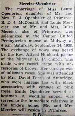Marriage Notice for Louis MERCIER to Laura Openbrier, 24 Sep 1938