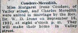 Marriage Notice for Charles MEREDITH to Margaret Irene Couderc, 16 Sep 1927