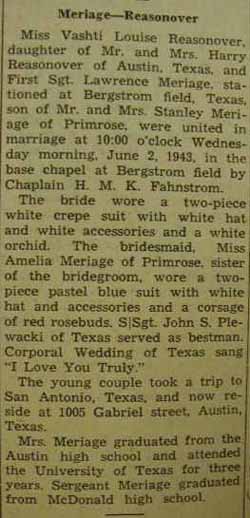 Marriage Notice for Lawrence MERIAGE to Vashti Louise Reasonover, 2 Jun 1943