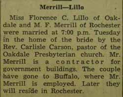 Marriage Notice for M. F. MERRILL to Florence C. Lillo, no date, in 6-25-1943 paper