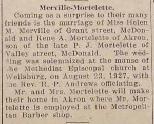 Marriage Notice for  Rene A. MORTELETTE to Helen M. MERVILLE, August 23, 1927