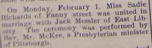 Marriage Notice for Jack MESSLER to Sadie RICHARDS, Mon., Feb. 1, 1915
