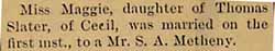 Marriage Notice for S. A. METHENY to Maggie Slater, 1 Sep 1892