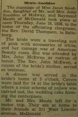 Marriage Notice for Raymond MEUTE to Janet Sneddon, 18 Jun 1936