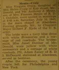 Marriage notice for 
Anthony J. MEUTZ to Virginia Craig, 10 Jul 1943