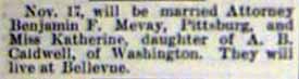 Marriage notice for Benjamin MEVAY to Katherine Caldwell, 17 Nov 1898