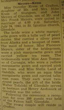 Marriage notice for John MEYERS to Dorothy Kress, 24 Jul 1943