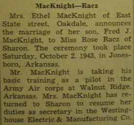Marriage Notice for Fred J. MacKNIGHT to Rose Racz, 2 Oct 1943