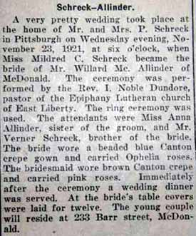 Marriage Notice for Williard Mc. ALLINDER to Mildred C. Schreck, 23 Nov 1921