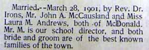Marriage Notice for John A. McCAUSLAND to Laura M. Andrews, 28 Mar 1901