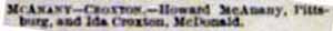 Marriage Notice for Howard McANANY to Ida Croxton, no date, in 7-10-1897 paper