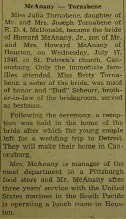 Howard McANANY, Jr. to Julia Tornabene, 17 Jul 1946