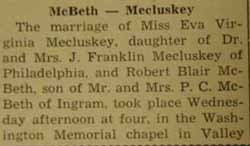 Part 1 Marriage Notice for Robert Blair McBETH to Eva Virginia Mecluskey, no date, in 7-12-1946 paper