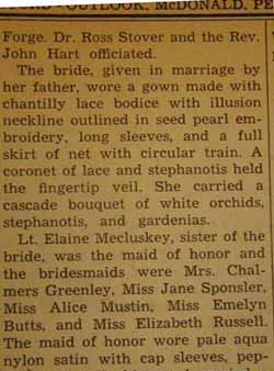 Part 2 Marriage Notice for Robert Blair McBETH to Eva Virginia Mecluskey, no date, in 7-12-1946 paper
